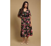 Dorothy Perkins Petite Black Floral Lace Trim Button Detail Angel Sleeve Printed Midi Dress, 10, Black