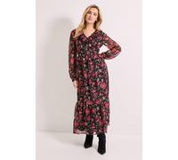 Dorothy Perkins Women's Petite Black Floral Pleat Bodice Ruffle Neck Blouson Sleeve Midaxi Dress | Size: 10 Dorothy Perkins Floral 10