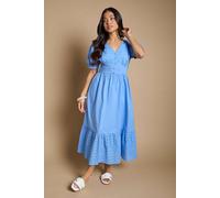 Dorothy Perkins Women's Petite Broderie Lace Trim Puff Sleeve Tiered Poplin Maxi Dress in Blue | Size: 18 Dorothy Perkins Blue 18