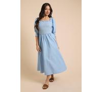 Dorothy Perkins Women's Petite Contrast Stitch Shirred Bodice Puff Sleeve Midi Dress in Blue | Size: 12 Dorothy Perkins Blue 12