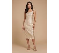 Dorothy Perkins Women's Petite DP Luxe Bow Shoulder Jacquard Midi Dress in Champagne | Size: 8 Dorothy Perkins Champagne 8
