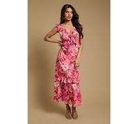 Dorothy Perkins Women's Petite DP Luxe Ruffle Flutter Frill Tiered Hem Midi Dress in Pink | Size: 8