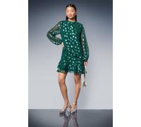 Dorothy Perkins Women's Petite DP Luxe Star Jacquard Ruffle Shift Mini Dress in Green | Size: 14 Dorothy Perkins Green 14