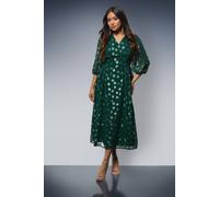 Dorothy Perkins Women's Petite DP Luxe Star Jacquard V Neck Blouson Sleeve Midi Dress in Green | Size: 8