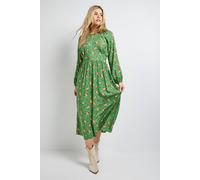 Dorothy Perkins Women's Petite Green Ditsy Blouson Sleeve Keyhole Detail Midi Dress | Size: 6