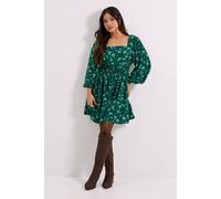 Dorothy Perkins Women's Petite Green Ditsy Square Neck Blouson Sleeve Tie Back Mini Dress | Size: 10
