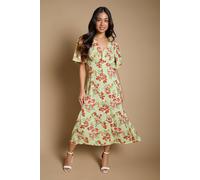 Dorothy Perkins Women's Petite Green Floral Button Front Angel Sleeve Tie Back Midi Dress | Size: 12