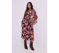 Dorothy Perkins Women's Petite Keyhole Detail Waisted Blouson Sleeve Printed Midi Dress in Black | Size: 10 Dorothy Perkins Black 10