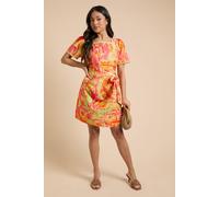 Dorothy Perkins Women's Petite Lace Trim Wrap Skirt Poplin Printed Mini Dress in Orange | Size: 6