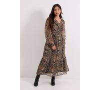 Dorothy Perkins Women's Petite Leopard Pleat Bodice Ruffle Neck Blouson Sleeve Midaxi Dress | Size: 8 Dorothy Perkins Leopard 8