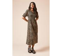 Dorothy Perkins Petite Leopard Puff Sleeve Shirred Bodice Jersey Midi Dress, 6, Leopard