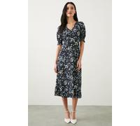 Dorothy Perkins Petite Navy Ditsy Shirred Cuff Jersey Midi Dress, 14, Blue