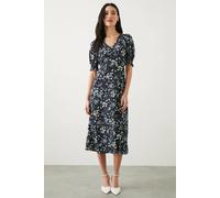 Dorothy Perkins Women's Petite Navy Ditsy Shirred Cuff Jersey Midi Dress in Blue | Size: 16 Dorothy Perkins Blue 16