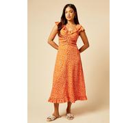 Dorothy Perkins Women's Petite Orange Ditsy Frill Neck Ruched Front Jersey Midi Dress | Size: 8