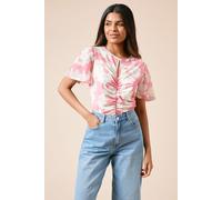 Dorothy Perkins Women's Petite Pink Floral Keyhole Ruched Front Angel Sleeve Jersey Mesh Top | Size: 16 Dorothy Perkins Pink 16