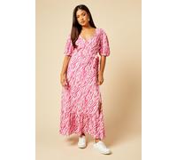 Womens Petite Pink Zebra Puff Sleeve Wrap Front Midi Dress Zebra 6