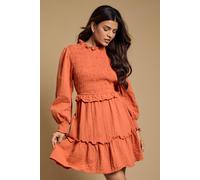 Dorothy Perkins Women's Petite Shirred Bodice Frill Mini Dress in Ochre | Size: 16