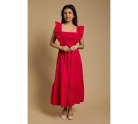 Dorothy Perkins Women's Petite Shirred Bodice Frill Sleeve Tiered Hem Poplin Maxi Dress in Red | Size: 18 Dorothy Perkins Red 18
