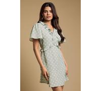 Dorothy Perkins Women's Petite Tie Front Ruffle Sleeve Printed Mini Dress in Green | Size: 14 Dorothy Perkins Green 14