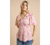 Dorothy Perkins Women's Pink Ditsy Frill Neckline Angel Sleeve Blouse | Size: 10
