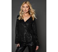 Dorothy Perkins Women's Sequin Tie Waist Wrap Top in Black | Size: 8