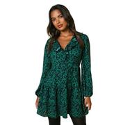 Dorothy Perkins Women's V-Neck Long Sleeve Occasionwear Party Wedding Guest Green Animal Pattern Tiered Hem Frill Wrap Mini Dress, V-Neck, Spring