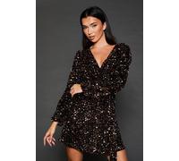 Dorothy Perkins Wrap Velvet Sequin Long Sleeve Mini Dress In Bronze bronze 8