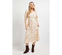 Dorothy Perkins Women's Yellow Ditsy Collared Button Detail Puff Sleeve Midi Dress | Size: 8