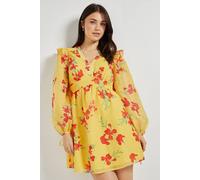 Dorothy Perkins Yellow Floral Printed Frill Detail Blouson Sleeve Mini Dress yellow