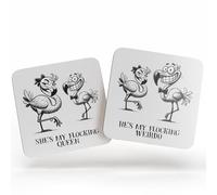 Dorothy Spring Funny Flamingo Couple Coaster Set - “She’s My Flocking Queen” & “He’s My Flocking Weirdo” - 2pcs Wooden Cork Drink Coasters - Gift for Him and Her