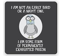 Dorothy Spring I Am Not an Early Bird or a Night Owl Permanently Exhausted Pigeon Wooden Drink Coaster with Cork Base Funny Gift for Friend Coffee Table