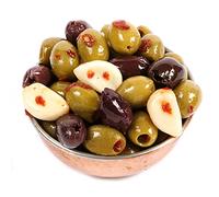 Dorri - Marinated Mixed Olives Chilli and Garlic 250g | Premium Green and Black Olives, Greek Olives, Pickled Garlic, Healthy Party Snack (Available from 250g to 3kg)