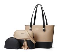DORRISO Fashion Women Tote Bag 3PCS Set with Fringed Shoulder Bag and Purse Ladies Elegant Handbag PU Leather Top Handle Bag for Work Date Shopping Casual Travel Daily Satchel Bags Khaki with Black