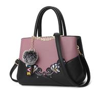 DORRISO Handbags for Women, PU Leather Top Handle Shoulder Bag with Detachable Strap, Large Capacity Lady Tote Handbag with Embroidered Floral Detail for Work, Shopping, Travel Purple B