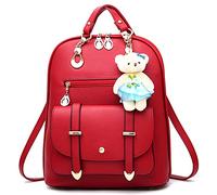 DORRISO Women Backpack Fashion Rucksacks Lovely Pendant Ladies Handbag Shoulder Bag Lightweight Casual Travel Daypack Impermeable PU Leather Women Rucksacks Red A
