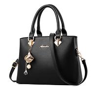 DORRISO Women Handbags Elegant Ladies Top Handle Bag Large Tote Bag Top Handle Satchel Shoulder Bag PU Leather Fashion Hanging Bells Ornaments Handbags Black