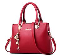 DORRISO Women Handbags Elegant Ladies Top Handle Bag Large Tote Bag Top Handle Satchel Shoulder Bag PU Leather Fashion Hanging Bells Ornaments Handbags Red B