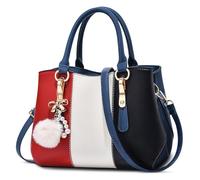 DORRISO Women Top Handle Bag Ladies Handbags Fashion Colour Block Shoulder Bag Travel Casual Tote Bag PU Leather with Pearl Pendant and Crystal Style Drop Red