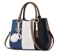 DORRISO Women Top Handle Bag Ladies Handbags Fashion Colour Block Shoulder Bag Travel Casual Tote Bag PU Leather with Pearl Pendant and Crystal Style Drop Blue
