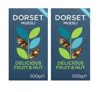 Dorset Cereals Delicious Fruit & Nut No Added Sugar Muesli 500g | High Fibre Breakfast Cereal with Raisins, Dates, Almonds & Hazelnuts | Wholegrain Oats & Wheat Flakes (pack of 2)