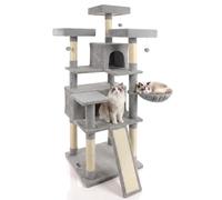 DORTALA Multi-Level Cat Tree, 65" Tall Cat Tower with 3 Plush Perch, 2 Condos, Basket Bed, Sisal Scratching Posts & Board, Hanging Pompoms, Indoor Pet Climbing Furniture (Grey)