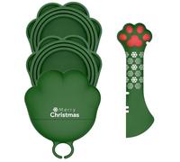 DORUI Christmas Pet Set - 3 Cat Food Can Lids & 1 BPA-Free Opener | Cute Paw Shape Can Covers and Opener Spatula Spoon for Wet Food | Silicone Spoon & Covers for Dog Cat - Paw Green