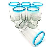 Dos Sueños Hand Blown Mexican Drinking Glasses - Set of 6 Glasses with Aqua Rims (14 oz each)
