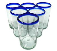 Dos Sueños Hand Blown Mexican Drinking Glasses - Set of 6 Glasses with Cobalt Blue Rims (14 oz each)