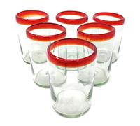 Dos Sueños Hand Blown Mexican Drinking Glasses - Set of 6 Glasses with Red Rims (14 oz each)