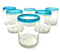 Dos Sueños Hand Blown Mexican Drinking Glasses - Set of 6 Tumbler Glasses with Aqua Blue Rims (10 oz each)