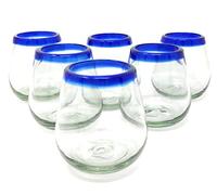 Dos Sueños Hand Blown Mexican Stemless Wine Glasses - Set of 6 Glasses with Cobalt Blue Rims (15 oz)