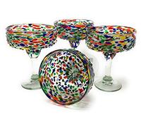 Dos Sueños Mexican Hand Blown Glass - Set of 4 Hand Blown Margarita Glasses Confetti Rock (16 oz) …