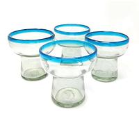 Dos Sueños Mexican Hand Blown Glass - Set of 4 Hand Blown Stemless Aqua Rim Margarita Glasses (14oz)