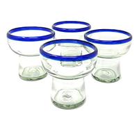 Dos Sueños Mexican Hand Blown Glass - Set of 4 Hand Blown Stemless Blue Rim Margarita Glasses (14oz)